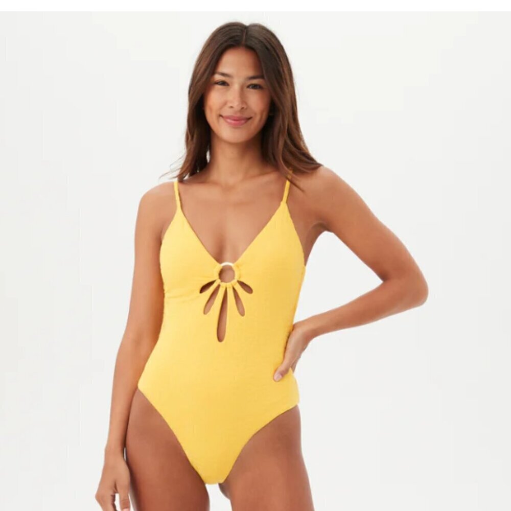NWT, Trina Turk Joplin Jacquard Petal Cutout Plunge Swimsuit, Daisy, Size 14